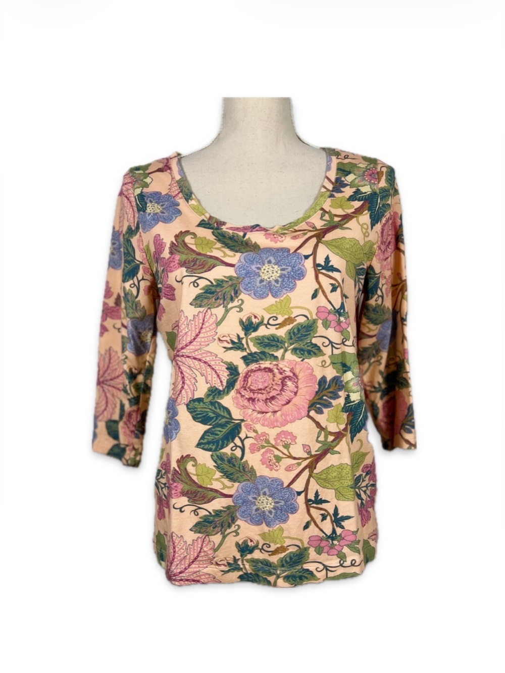 Soft Surroundings Peach Floral Top M Cotton Blend 3/4 Sleeve Stretch Boho